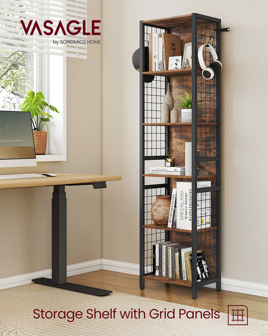 6-Tier Bookcase – Wood – Rustic Brown and Ink Black – Multiple Shelves with Hooks