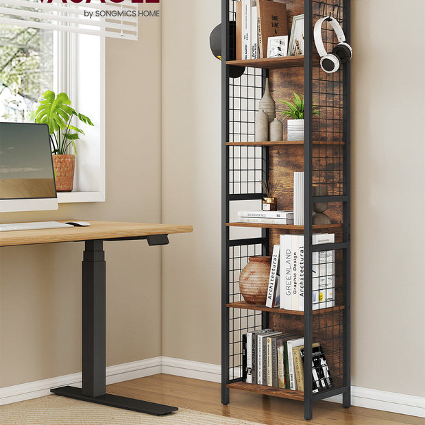 6-Tier Bookcase – Wood – Rustic Brown and Ink Black – Multiple Shelves with Hooks