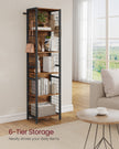 6-Tier Bookcase – Wood – Rustic Brown and Ink Black – Multiple Shelves with Hooks
