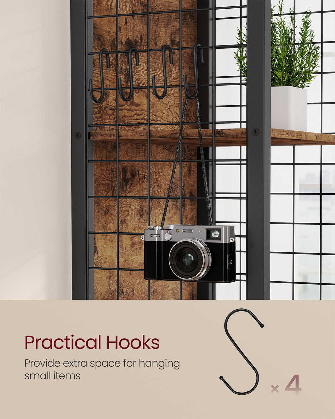 6-Tier Bookcase – Wood – Rustic Brown and Ink Black – Multiple Shelves with Hooks