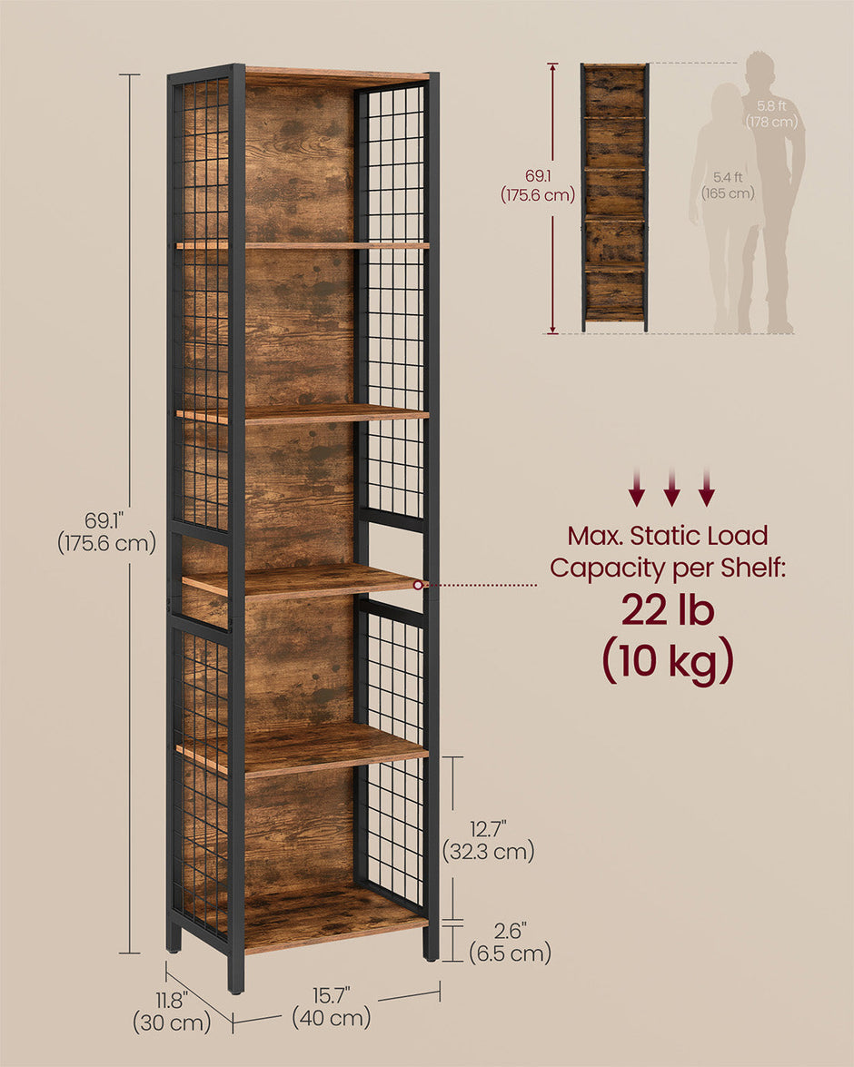 6-Tier Bookcase – Wood – Rustic Brown and Ink Black – Multiple Shelves with Hooks