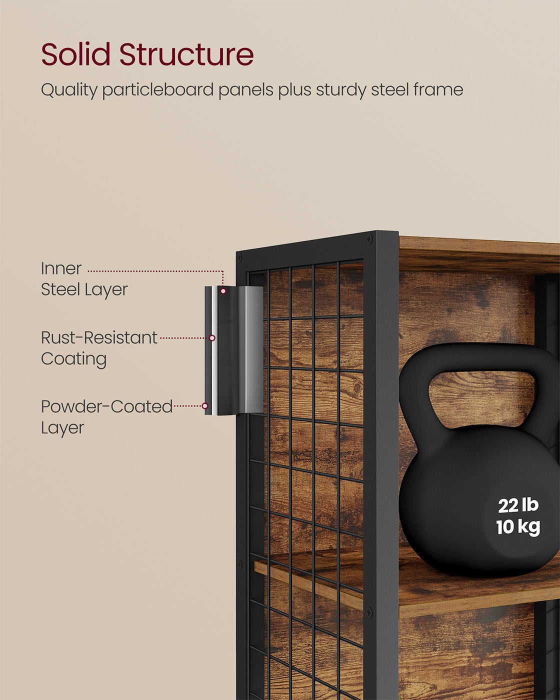 6-Tier Bookcase – Wood – Rustic Brown and Ink Black – Multiple Shelves with Hooks