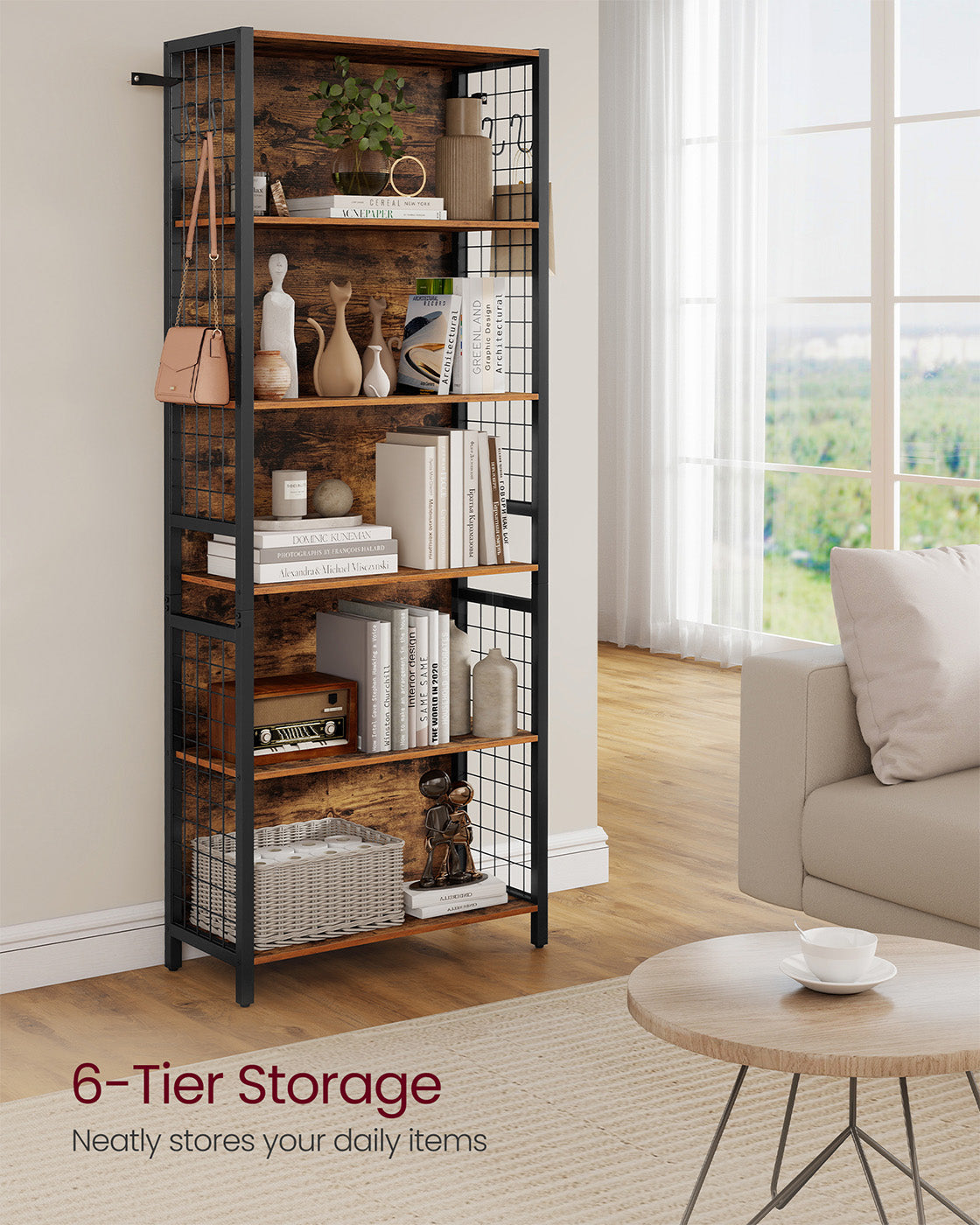 Bookcase – Wood – Rustic Brown and Ink Black – 6-Tier with Hooks