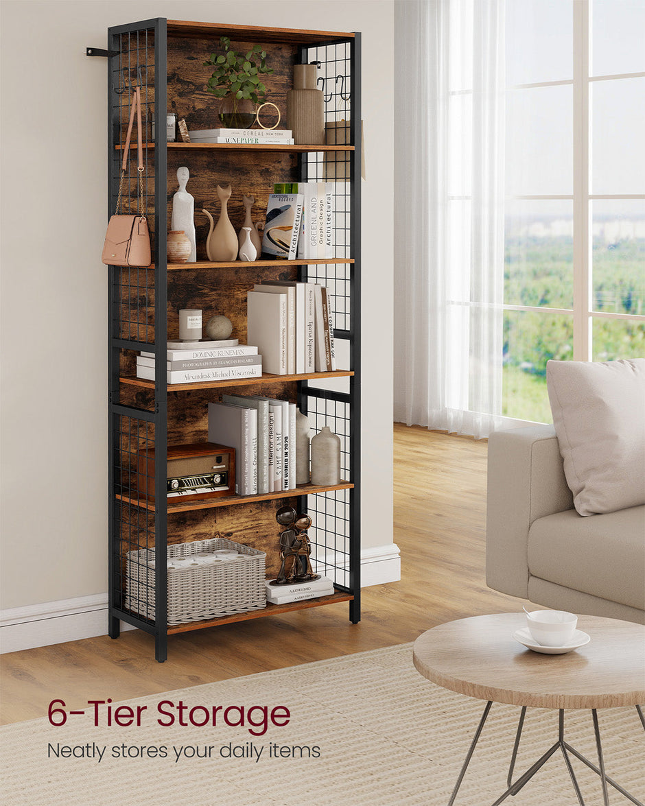 Bookcase – Wood – Rustic Brown and Ink Black – 6-Tier with Hooks