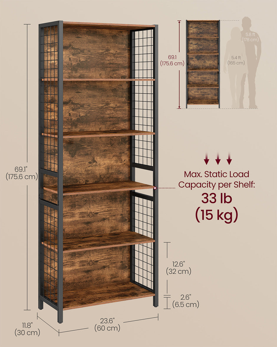 Bookcase – Wood – Rustic Brown and Ink Black – 6-Tier with Hooks