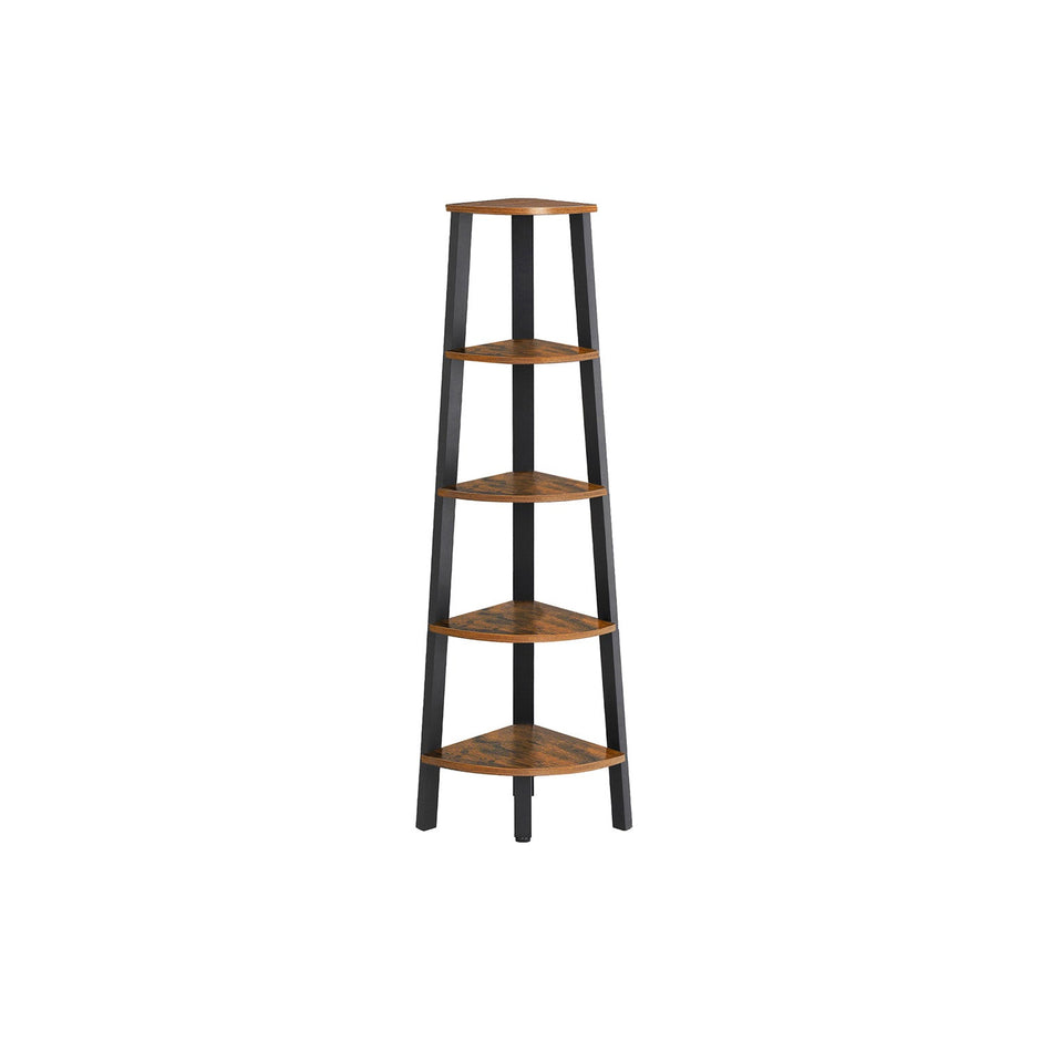 5 Tier Bookcase – Metal and Wood – Rustic Brown – Corner Design