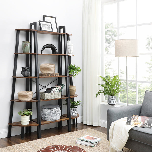 5 Tier Bookcase – Metal and Wood – Rustic Brown – Corner Design