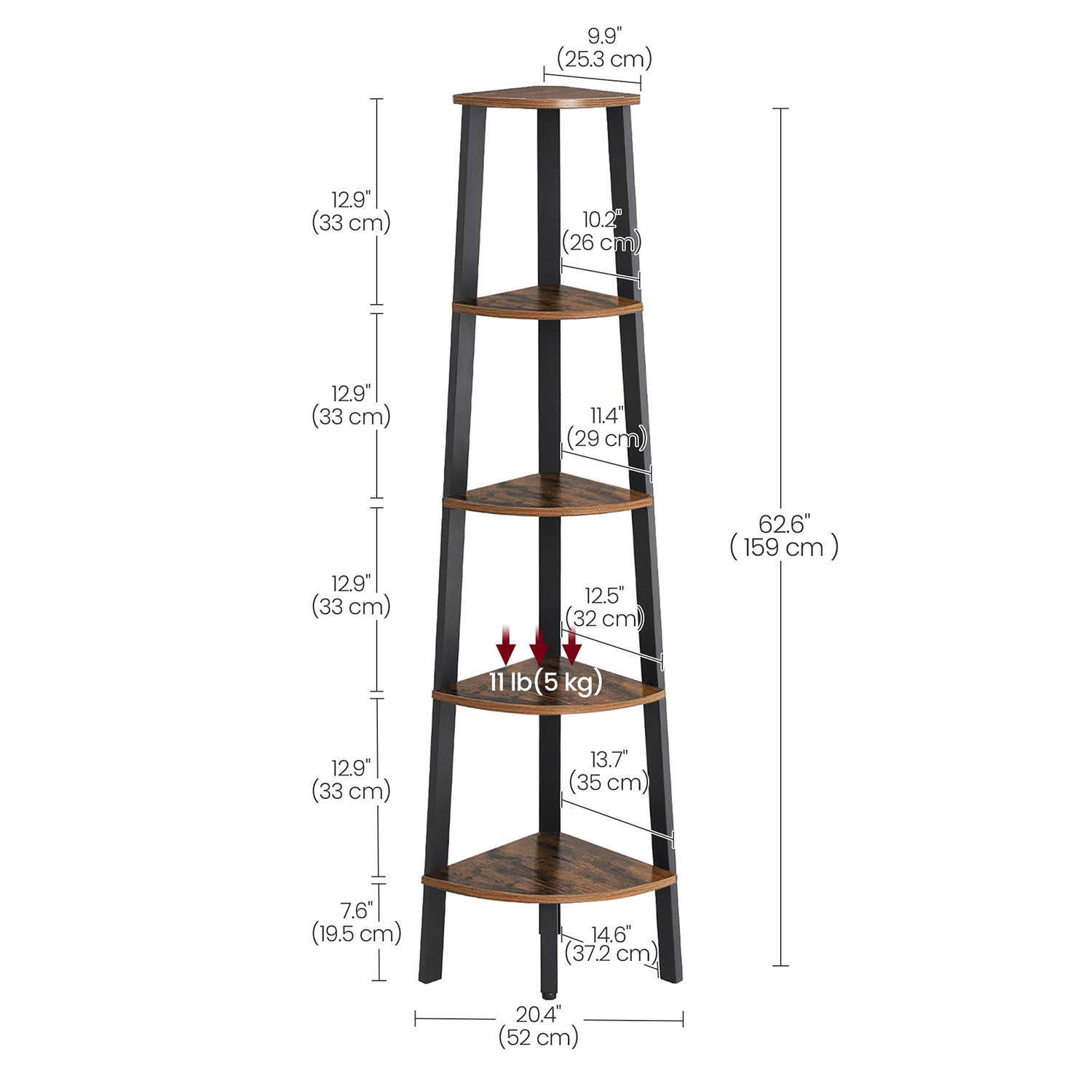 5 Tier Bookcase – Metal and Wood – Rustic Brown – Corner Design
