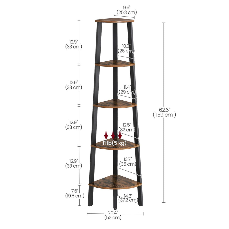 5 Tier Bookcase – Metal and Wood – Rustic Brown – Corner Design