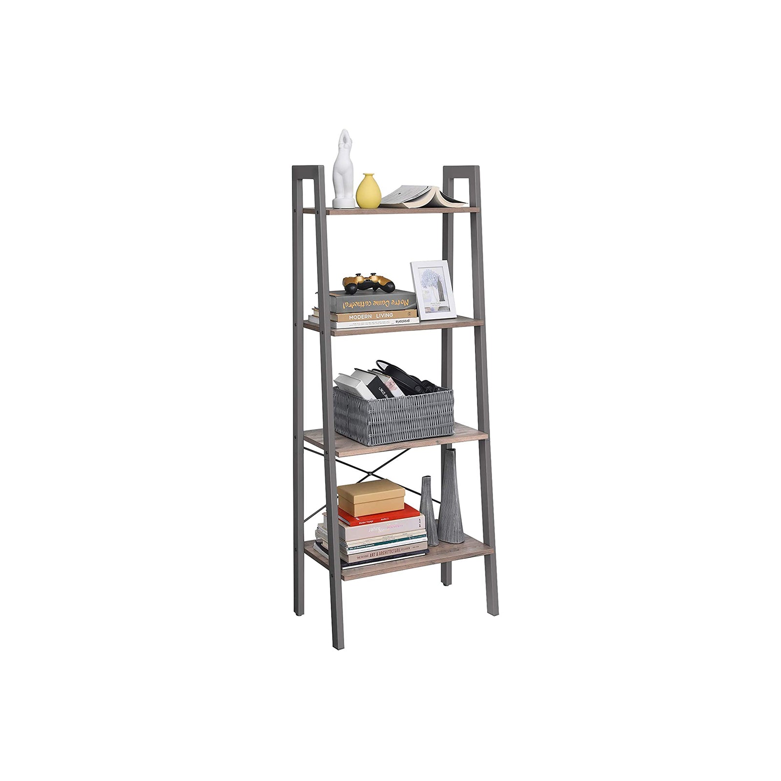 4-Tier Ladder Shelf – Wood and Metal – Rustic Brown – Industrial Bookcase and Storage Unit
