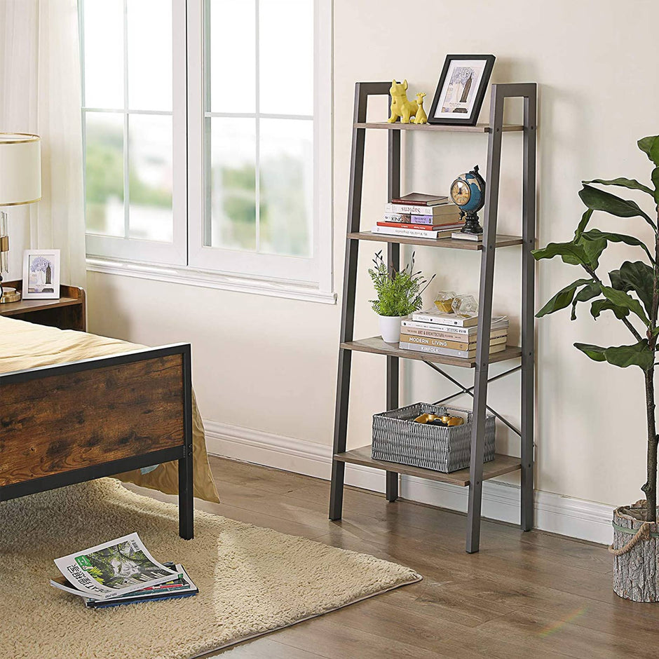 4-Tier Ladder Shelf – Wood and Metal – Rustic Brown – Industrial Bookcase and Storage Unit