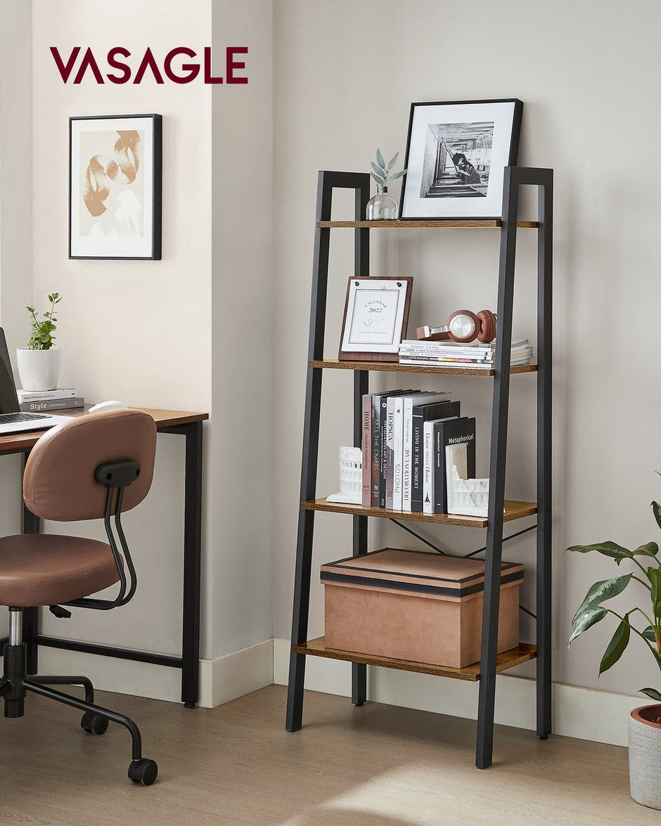 4-Tier Ladder Shelf – Wood – Rustic Brown – Industrial Design for Versatile Storage