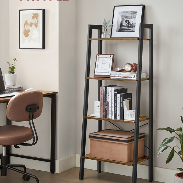 4-Tier Ladder Shelf – Wood – Rustic Brown – Industrial Design for Versatile Storage
