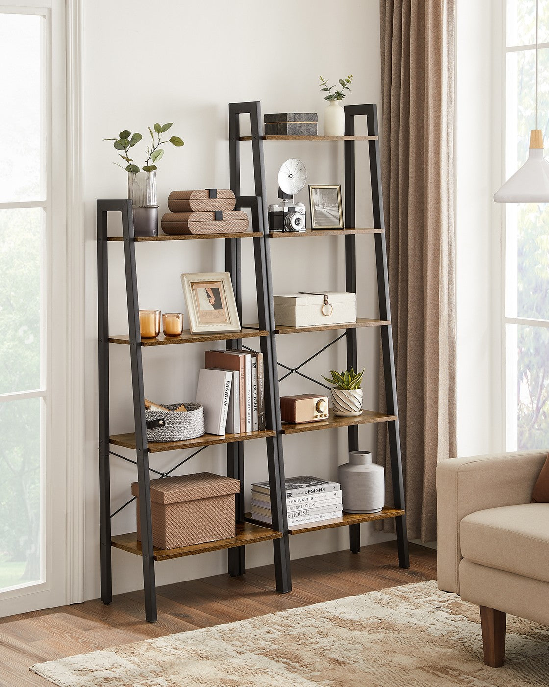 4-Tier Ladder Shelf – Wood – Rustic Brown – Industrial Design for Versatile Storage