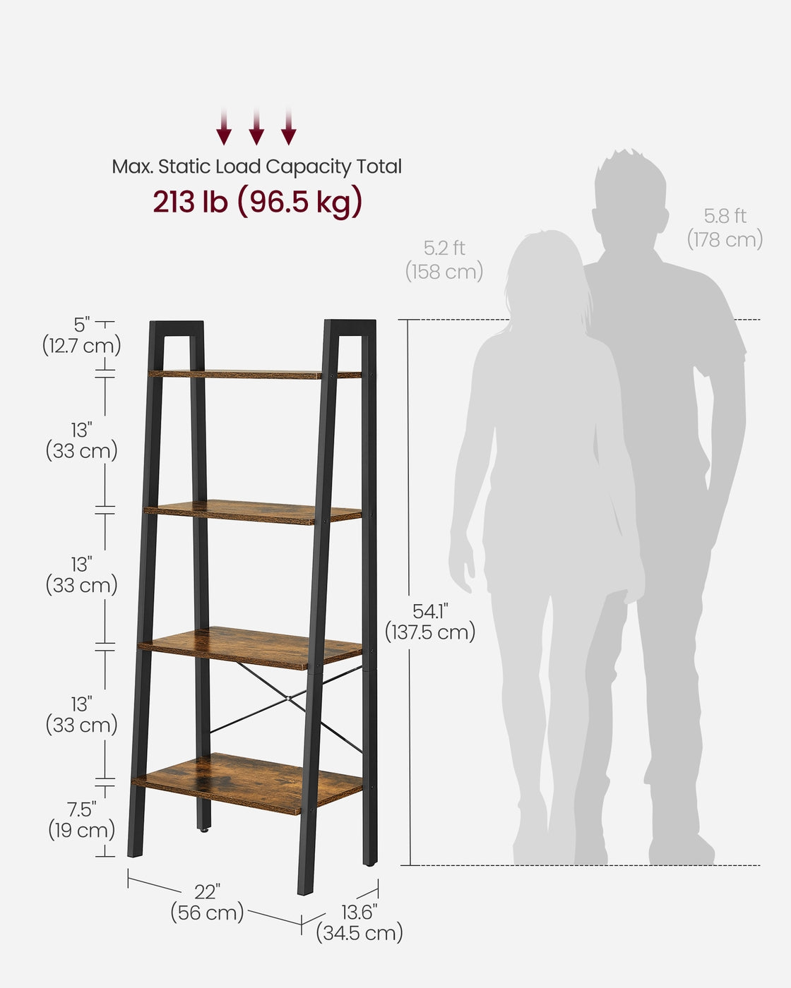 4-Tier Ladder Shelf – Wood – Rustic Brown – Industrial Design for Versatile Storage