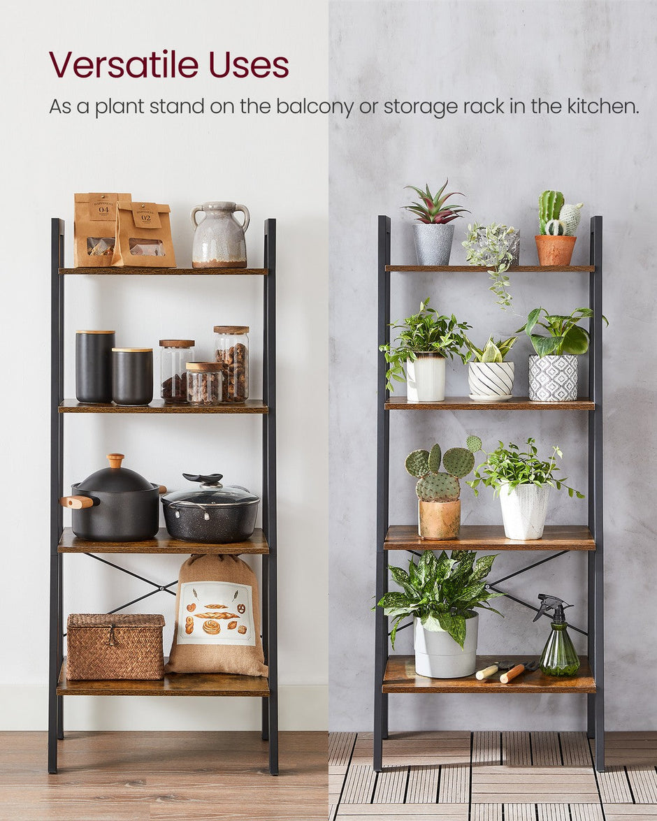 4-Tier Ladder Shelf – Wood – Rustic Brown – Industrial Design for Versatile Storage