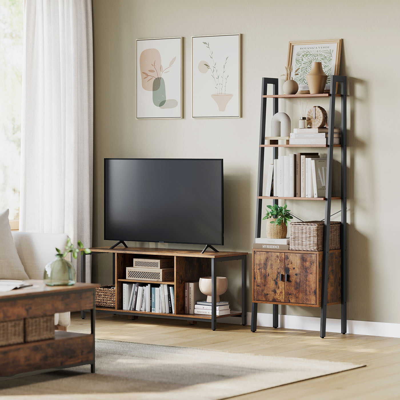Bookcase – Steel – Rustic Brown – 4 Shelves with Cupboard