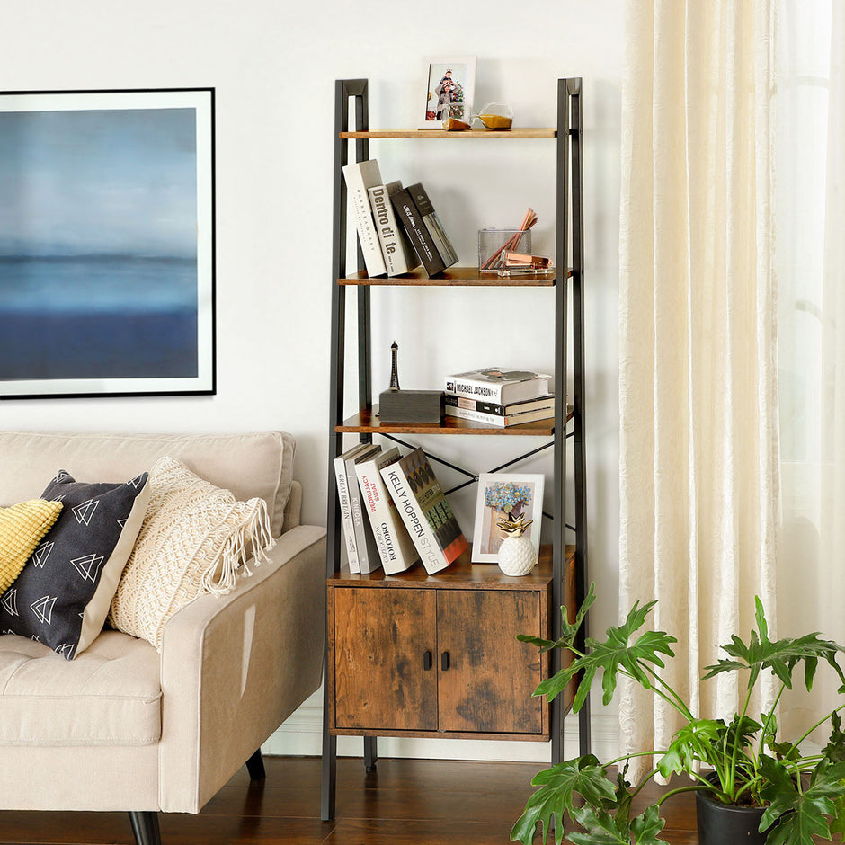 Bookcase – Steel – Rustic Brown – 4 Shelves with Cupboard