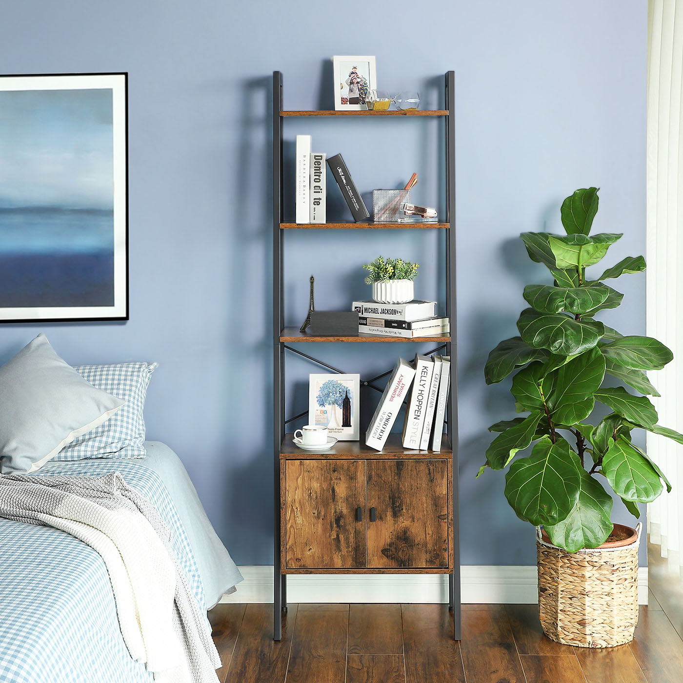 Bookcase – Steel – Rustic Brown – 4 Shelves with Cupboard