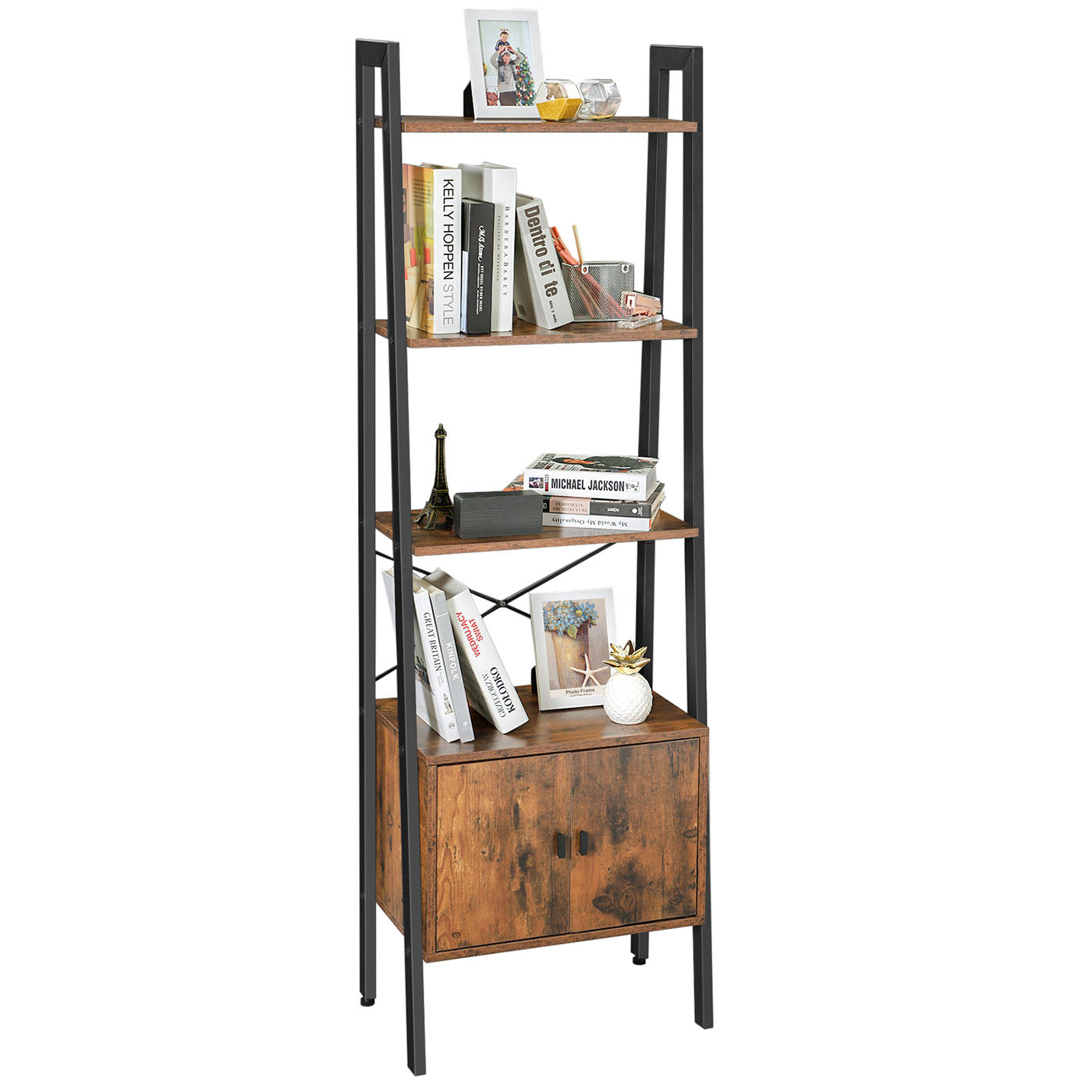 Bookcase – Steel – Rustic Brown – 4 Shelves with Cupboard