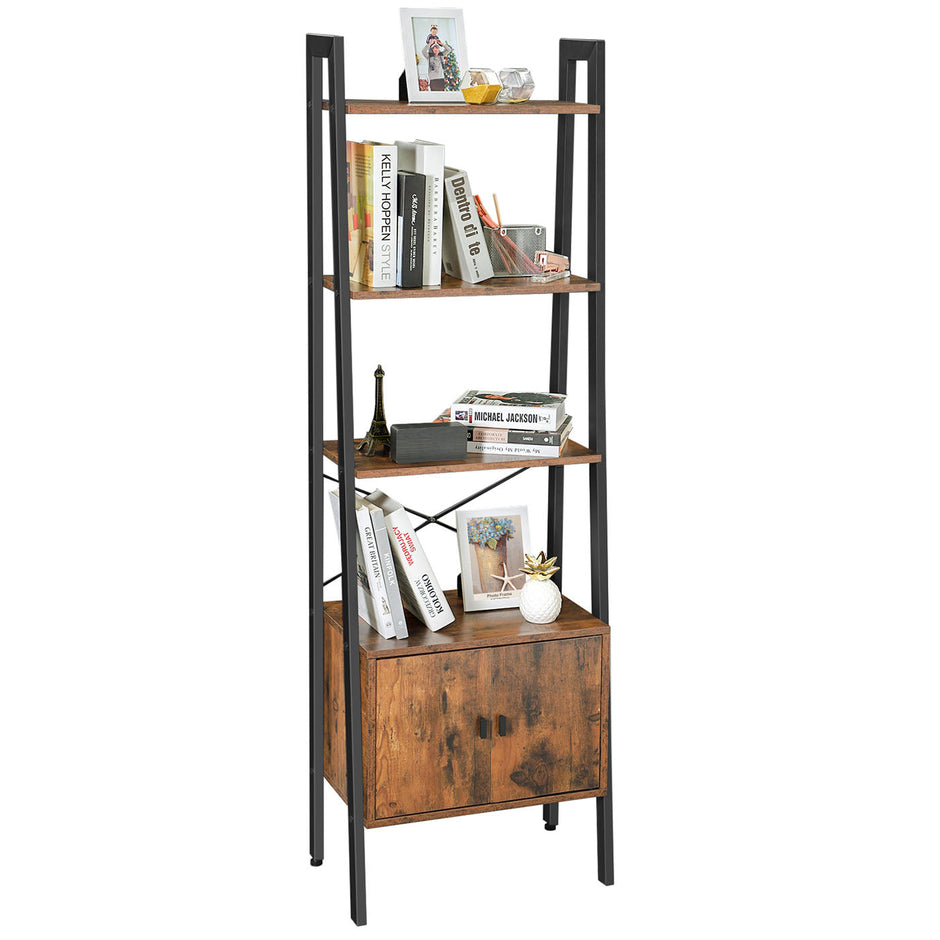 Bookcase – Steel – Rustic Brown – 4 Shelves with Cupboard