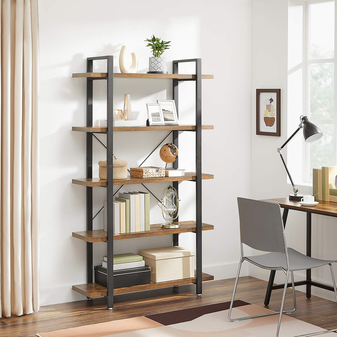 5-Layer Bookcase – Wood – Rustic Brown – Industrial Design with Easy Assembly