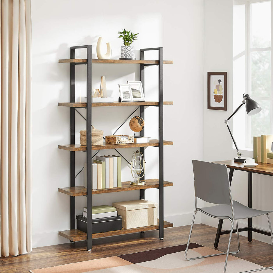5-Layer Bookcase – Wood – Rustic Brown – Industrial Design with Easy Assembly