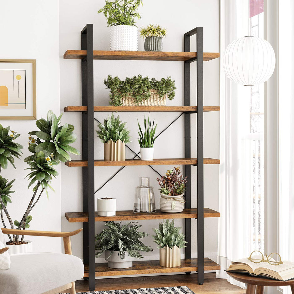 5-Layer Bookcase – Wood – Rustic Brown – Industrial Design with Easy Assembly