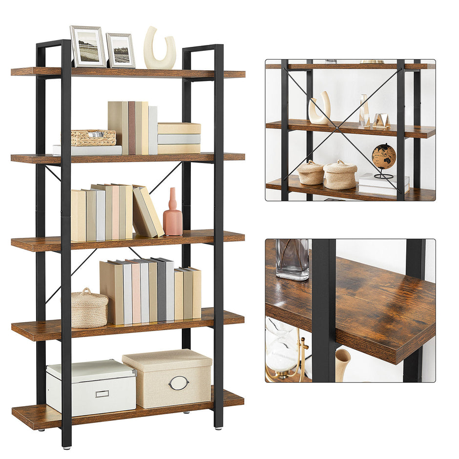 5-Layer Bookcase – Wood – Rustic Brown – Industrial Design with Easy Assembly