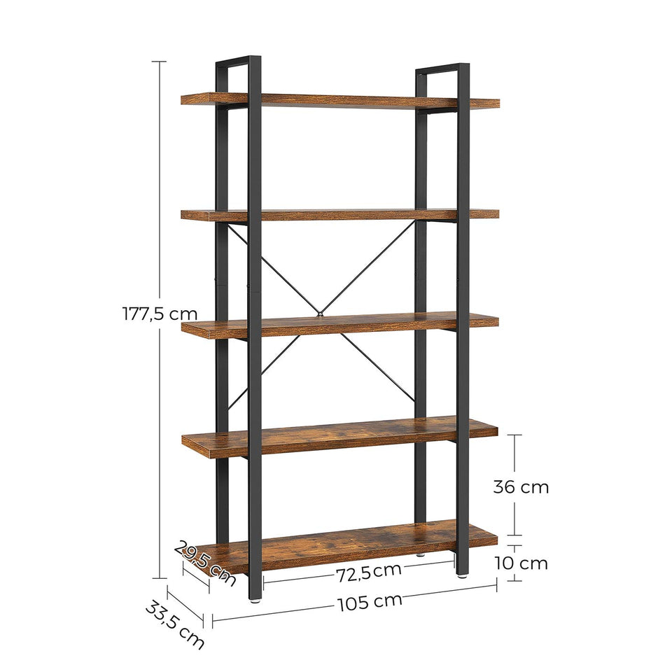 5-Layer Bookcase – Wood – Rustic Brown – Industrial Design with Easy Assembly