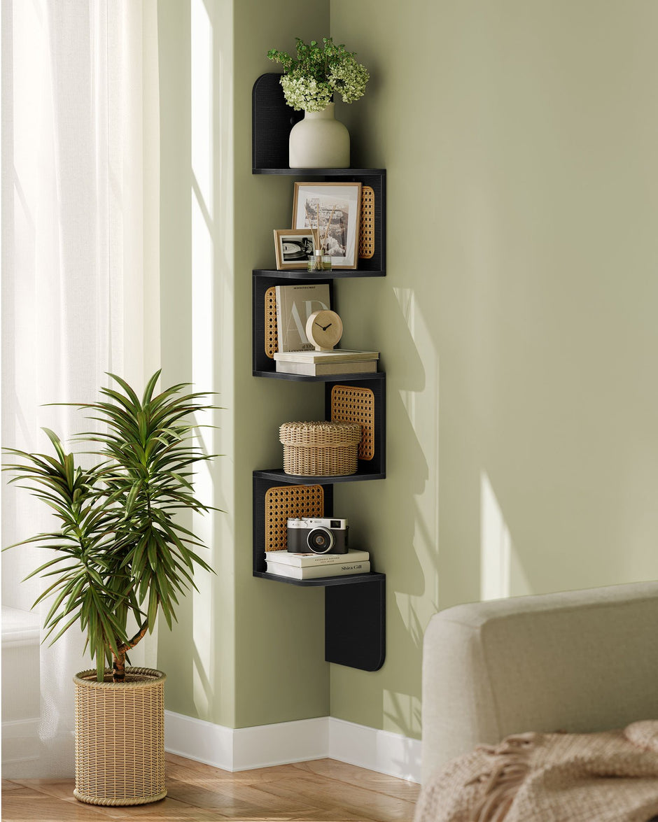 5-Tier Corner Floating Wall Shelf – PVC Rattan – Ash Black – Space-Saving Zigzag Design