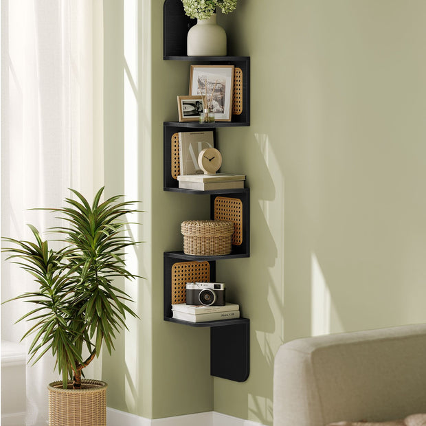 5-Tier Corner Floating Wall Shelf – PVC Rattan – Ash Black – Space-Saving Zigzag Design