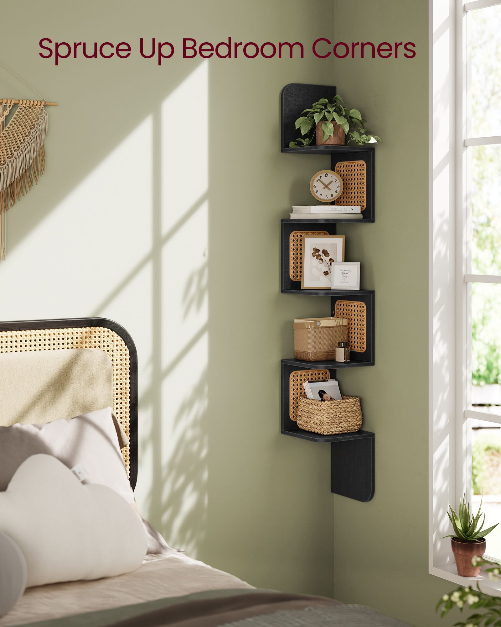 5-Tier Corner Floating Wall Shelf – PVC Rattan – Ash Black – Space-Saving Zigzag Design