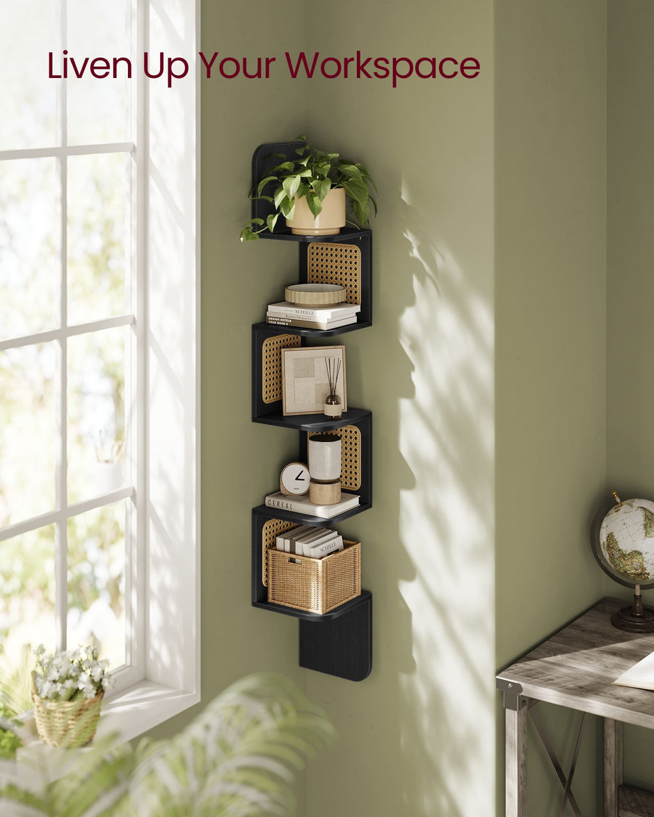 5-Tier Corner Floating Wall Shelf – PVC Rattan – Ash Black – Space-Saving Zigzag Design