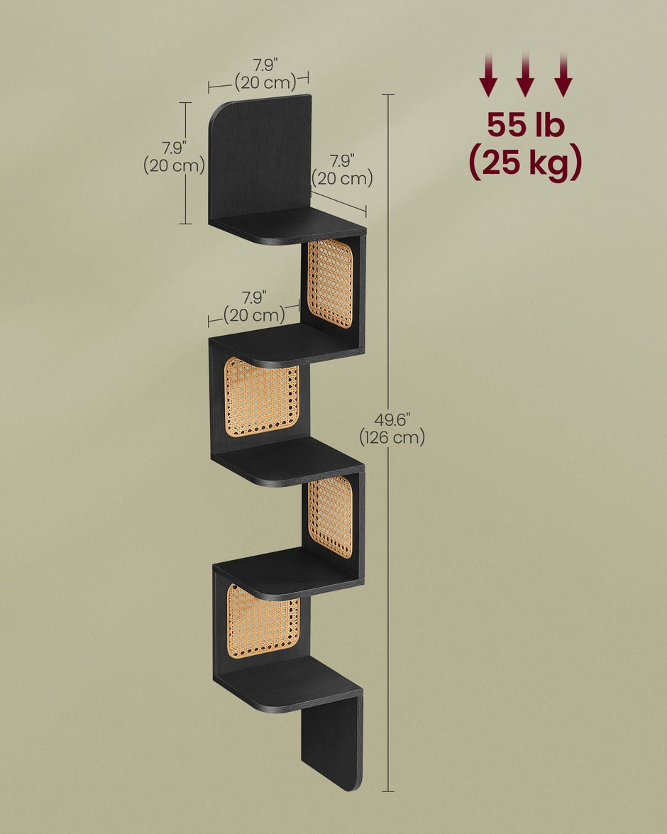 5-Tier Corner Floating Wall Shelf – PVC Rattan – Ash Black – Space-Saving Zigzag Design