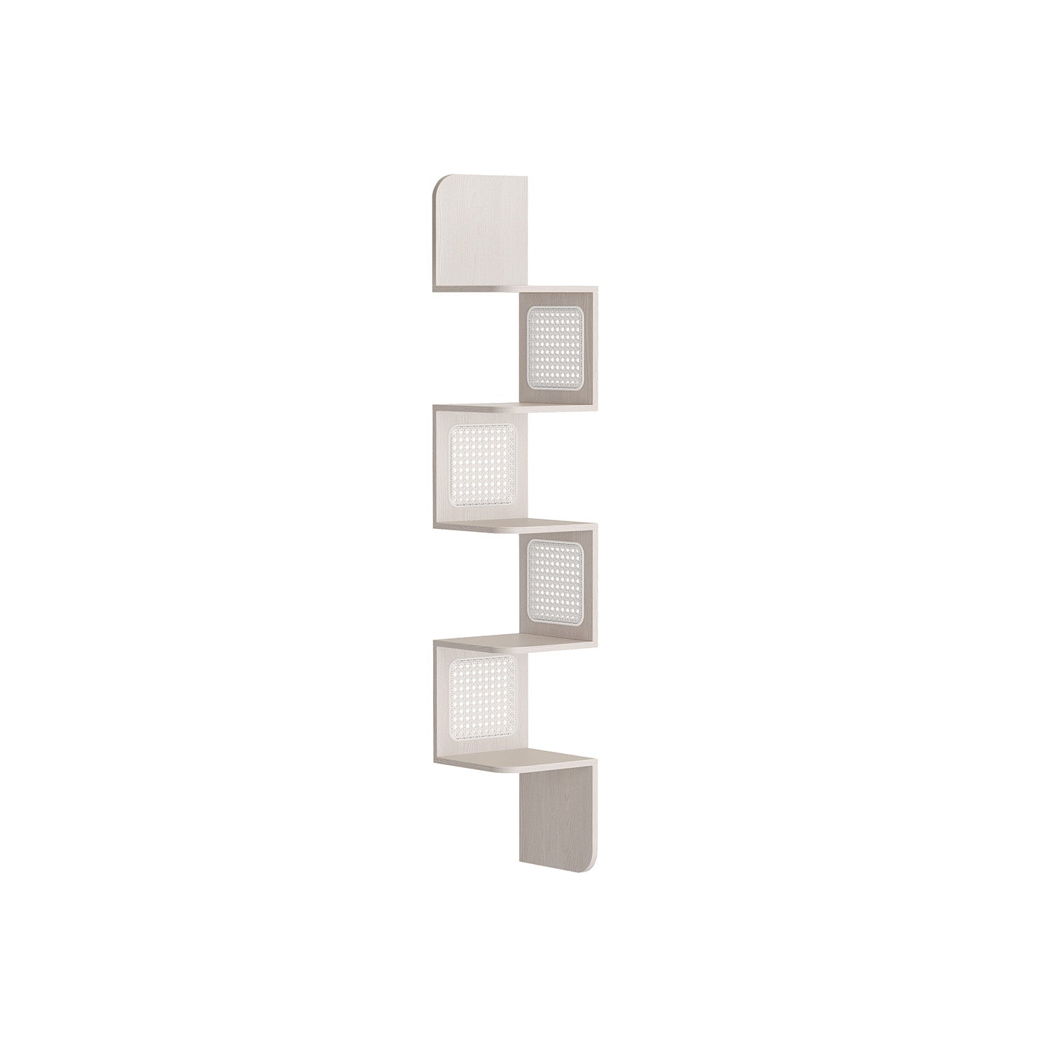 5-Tier Corner Floating Wall Shelf – PVC Rattan – Oatmeal Beige – Space-Saving Zigzag Design