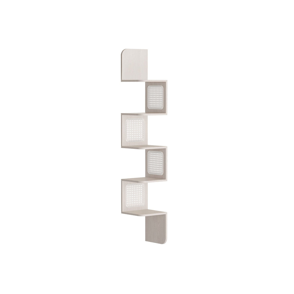 5-Tier Corner Floating Wall Shelf – PVC Rattan – Oatmeal Beige – Space-Saving Zigzag Design