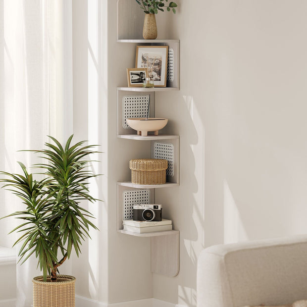 5-Tier Corner Floating Wall Shelf – PVC Rattan – Oatmeal Beige – Space-Saving Zigzag Design