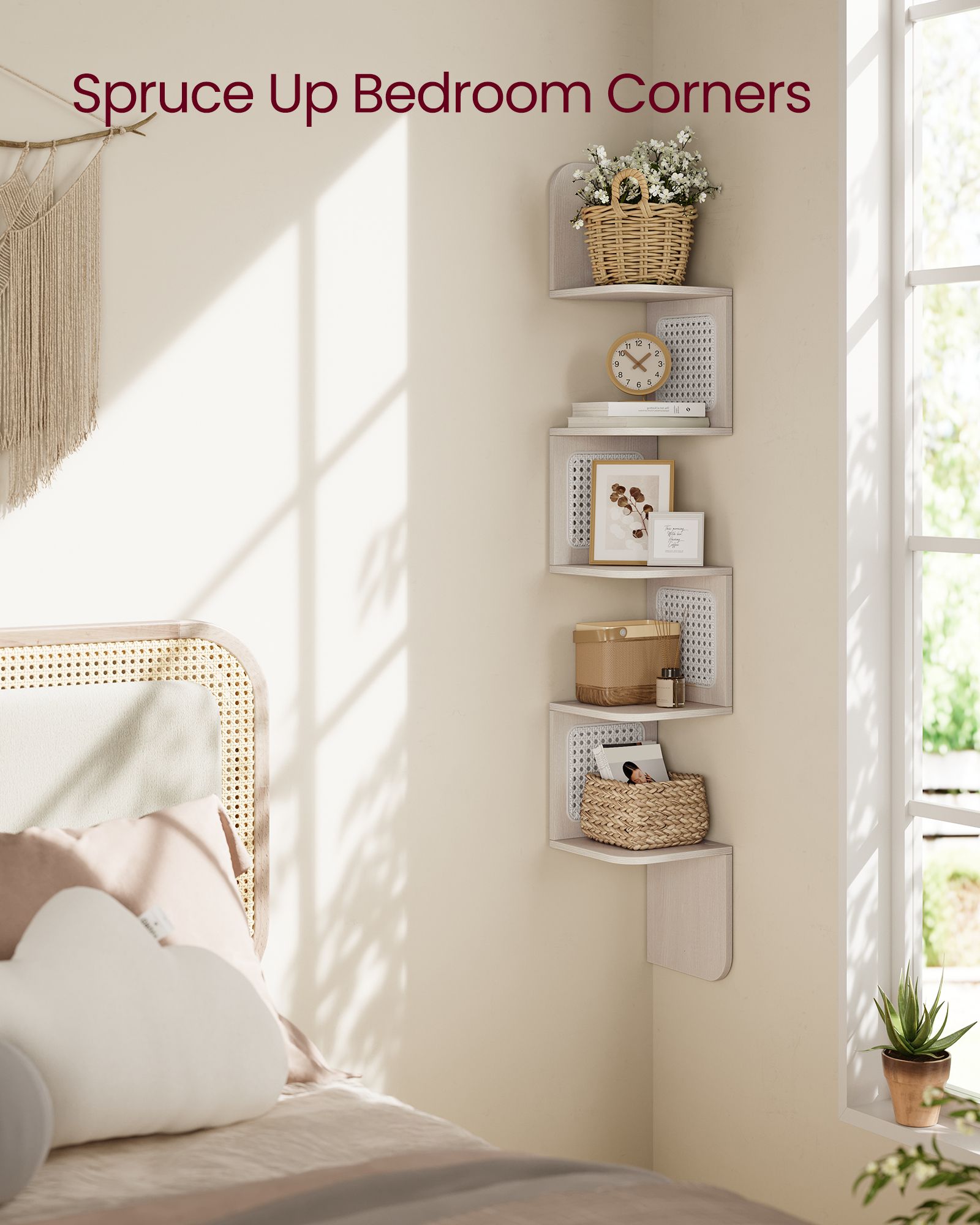 5-Tier Corner Floating Wall Shelf – PVC Rattan – Oatmeal Beige – Space-Saving Zigzag Design