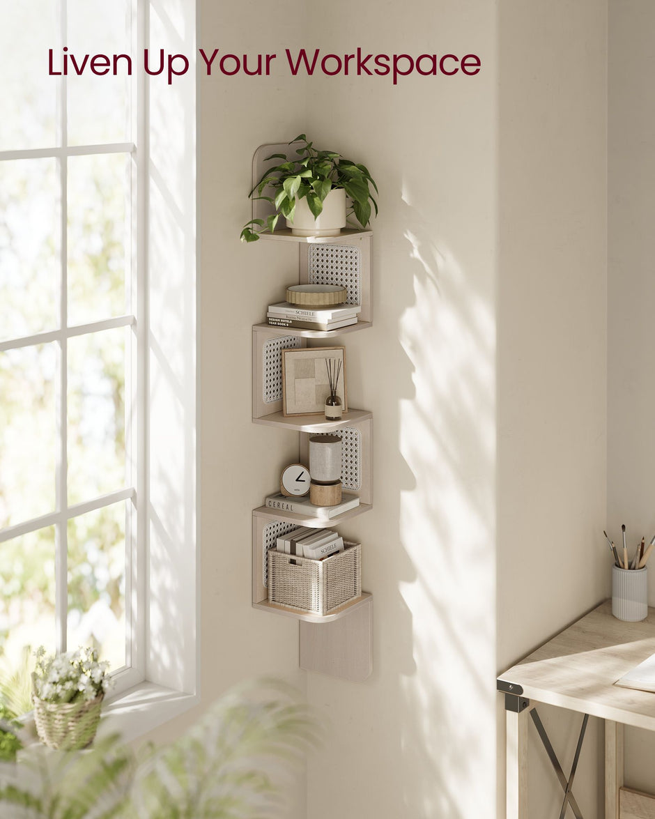 5-Tier Corner Floating Wall Shelf – PVC Rattan – Oatmeal Beige – Space-Saving Zigzag Design
