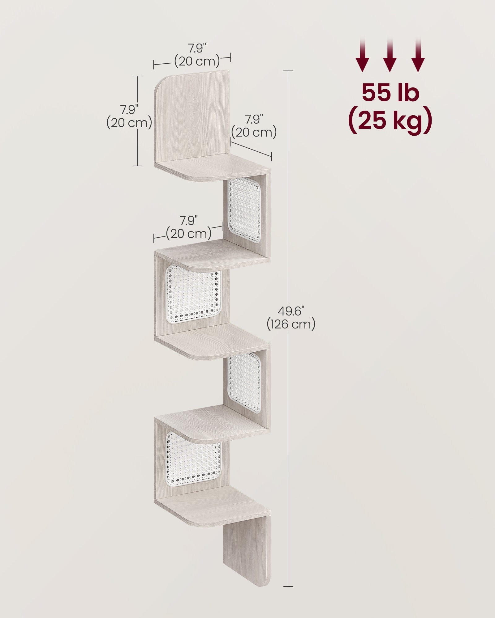 5-Tier Corner Floating Wall Shelf – PVC Rattan – Oatmeal Beige – Space-Saving Zigzag Design