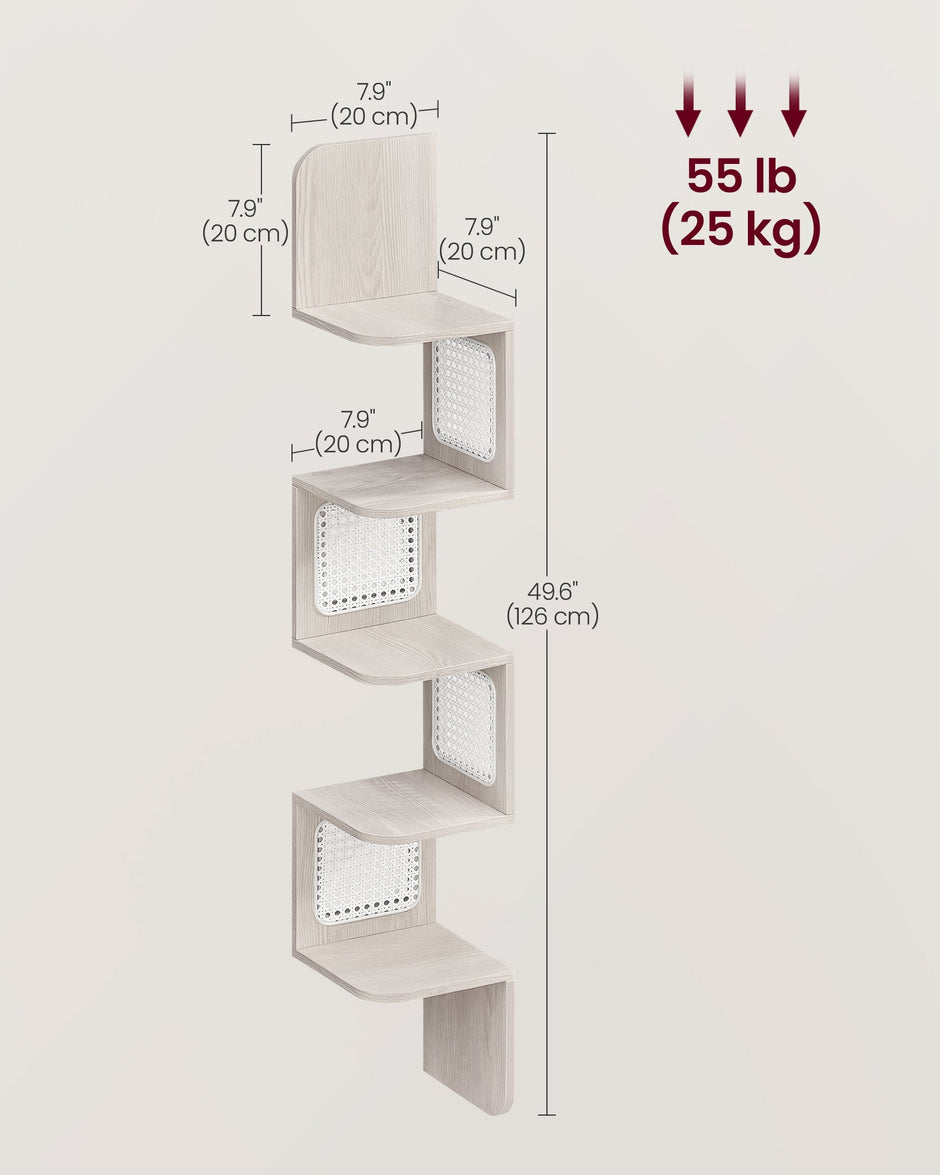 5-Tier Corner Floating Wall Shelf – PVC Rattan – Oatmeal Beige – Space-Saving Zigzag Design