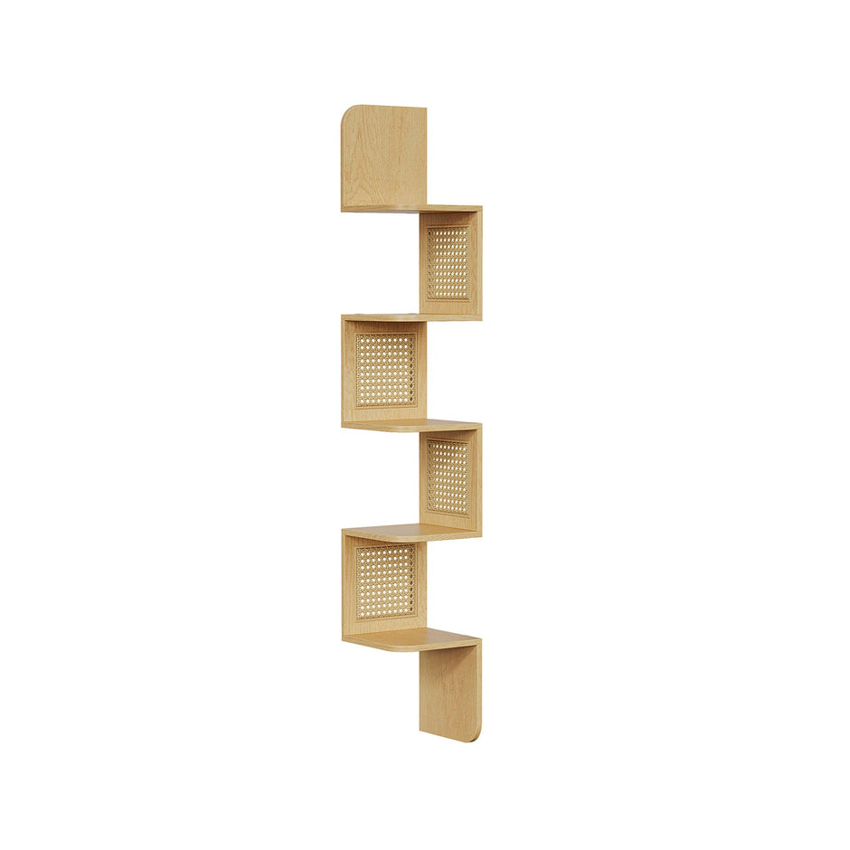 5-Tier Wall-Mounted Corner Shelf – Oak Beige – Zigzag Design – Space-Saving with PVC Rattan Sides