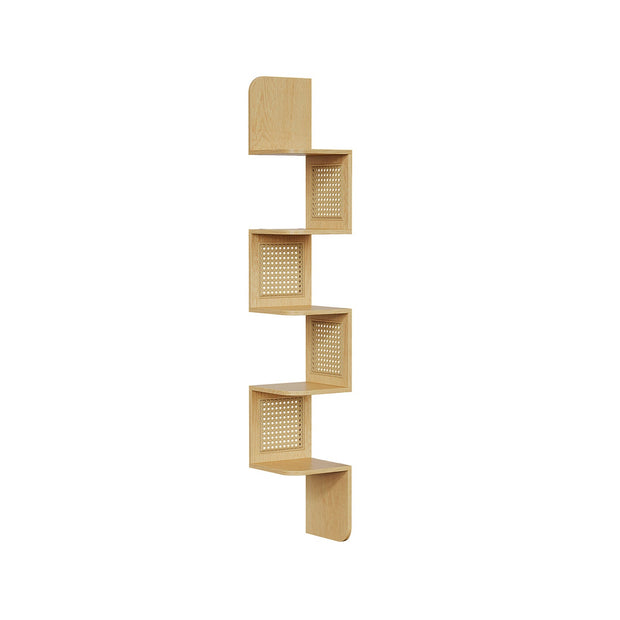 5-Tier Wall-Mounted Corner Shelf – Oak Beige – Zigzag Design – Space-Saving with PVC Rattan Sides