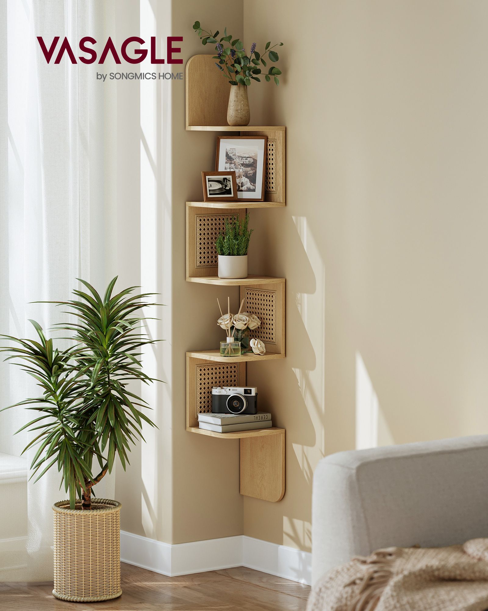5-Tier Wall-Mounted Corner Shelf – Oak Beige – Zigzag Design – Space-Saving with PVC Rattan Sides