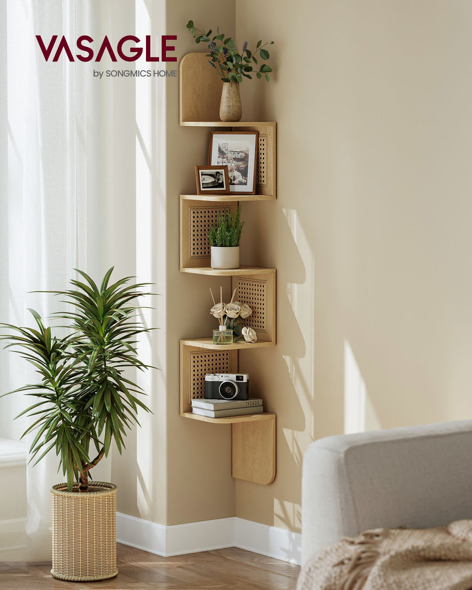 5-Tier Wall-Mounted Corner Shelf – Oak Beige – Zigzag Design – Space-Saving with PVC Rattan Sides