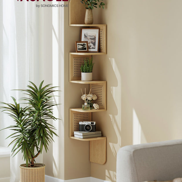 5-Tier Wall-Mounted Corner Shelf – Oak Beige – Zigzag Design – Space-Saving with PVC Rattan Sides