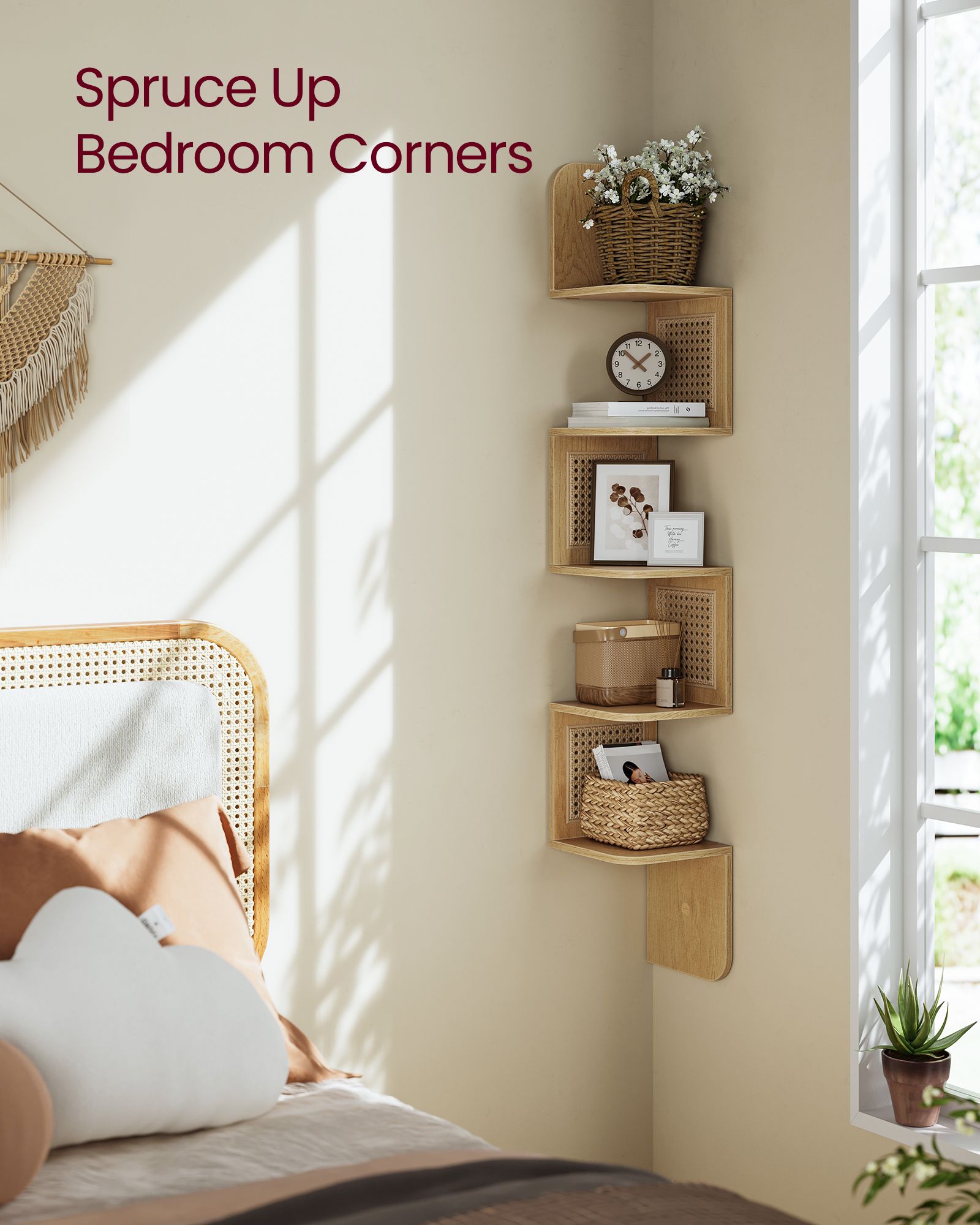 5-Tier Wall-Mounted Corner Shelf – Oak Beige – Zigzag Design – Space-Saving with PVC Rattan Sides
