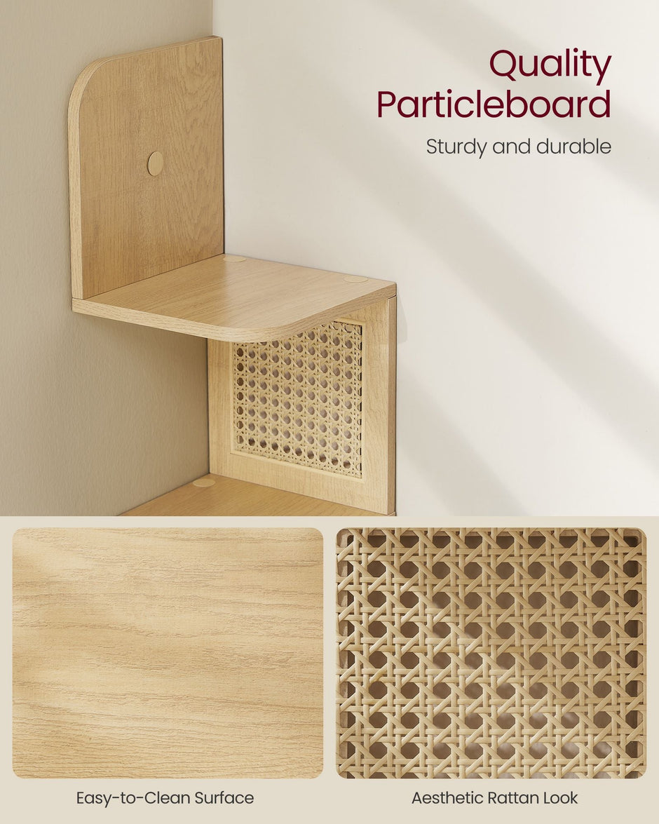 5-Tier Wall-Mounted Corner Shelf – Oak Beige – Zigzag Design – Space-Saving with PVC Rattan Sides