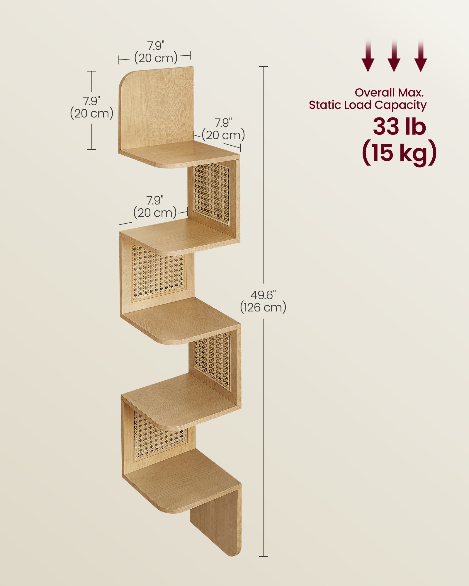 5-Tier Wall-Mounted Corner Shelf – Oak Beige – Zigzag Design – Space-Saving with PVC Rattan Sides